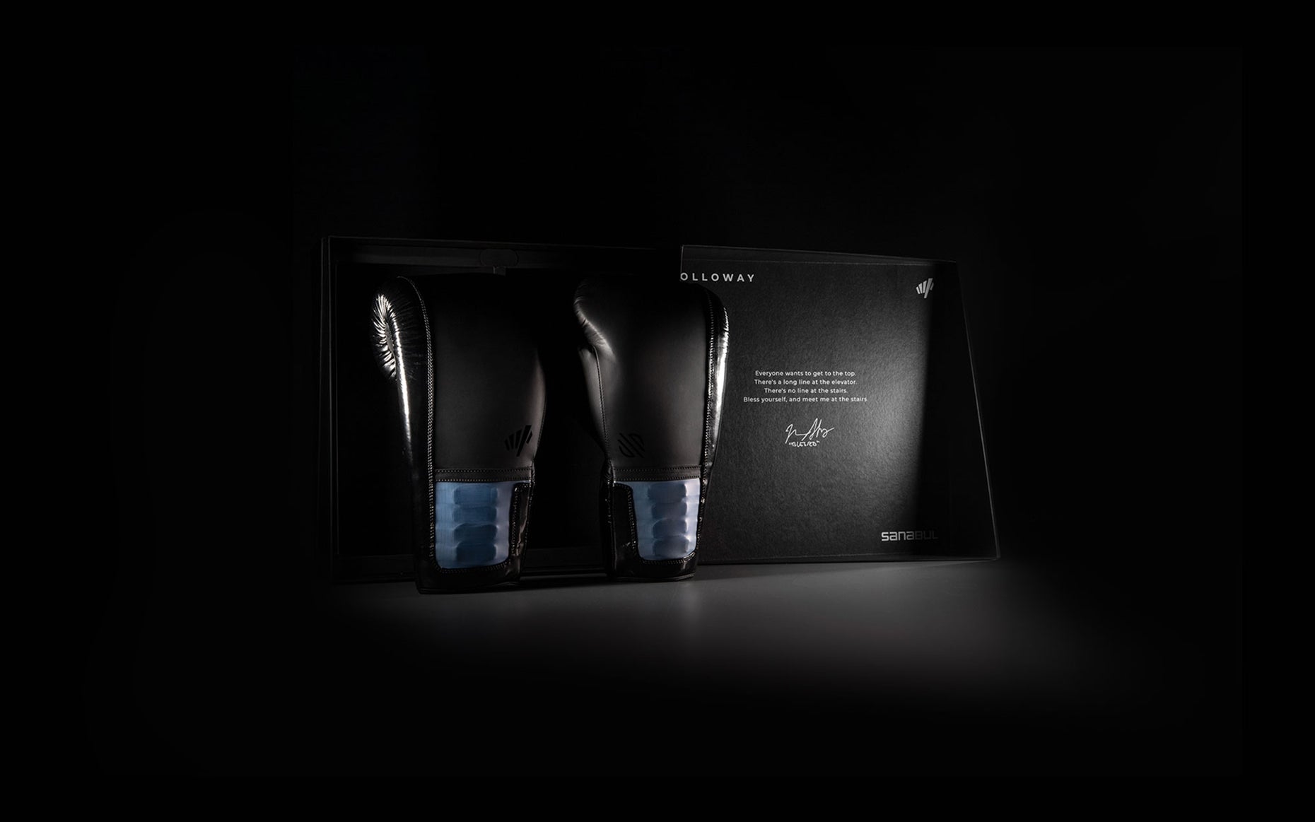 Pair of black boxing gloves with text behind, set against a dark background.